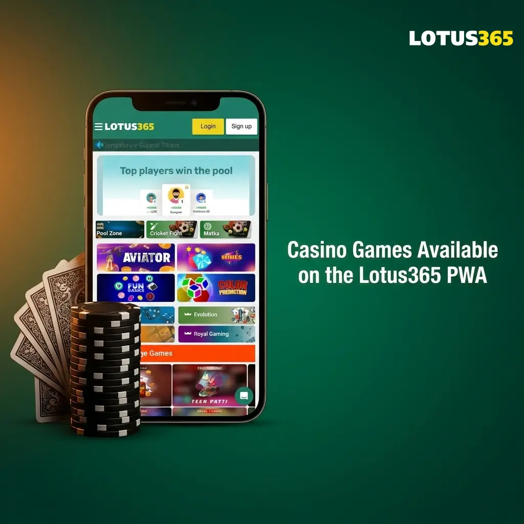 Lotus365 PWA casino games including Teen Patti, Andar Bahar, Aviator, Roulette, Slots, and live dealer tables