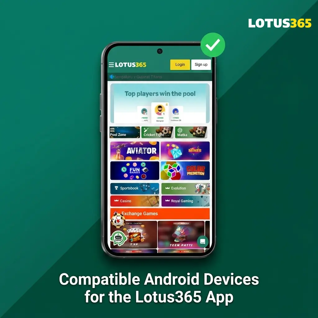 Compatible Android smartphones for Lotus365 app including Samsung, Xiaomi, Realme, OnePlus, Vivo, OPPO, Motorola, iQOO, and Poco models