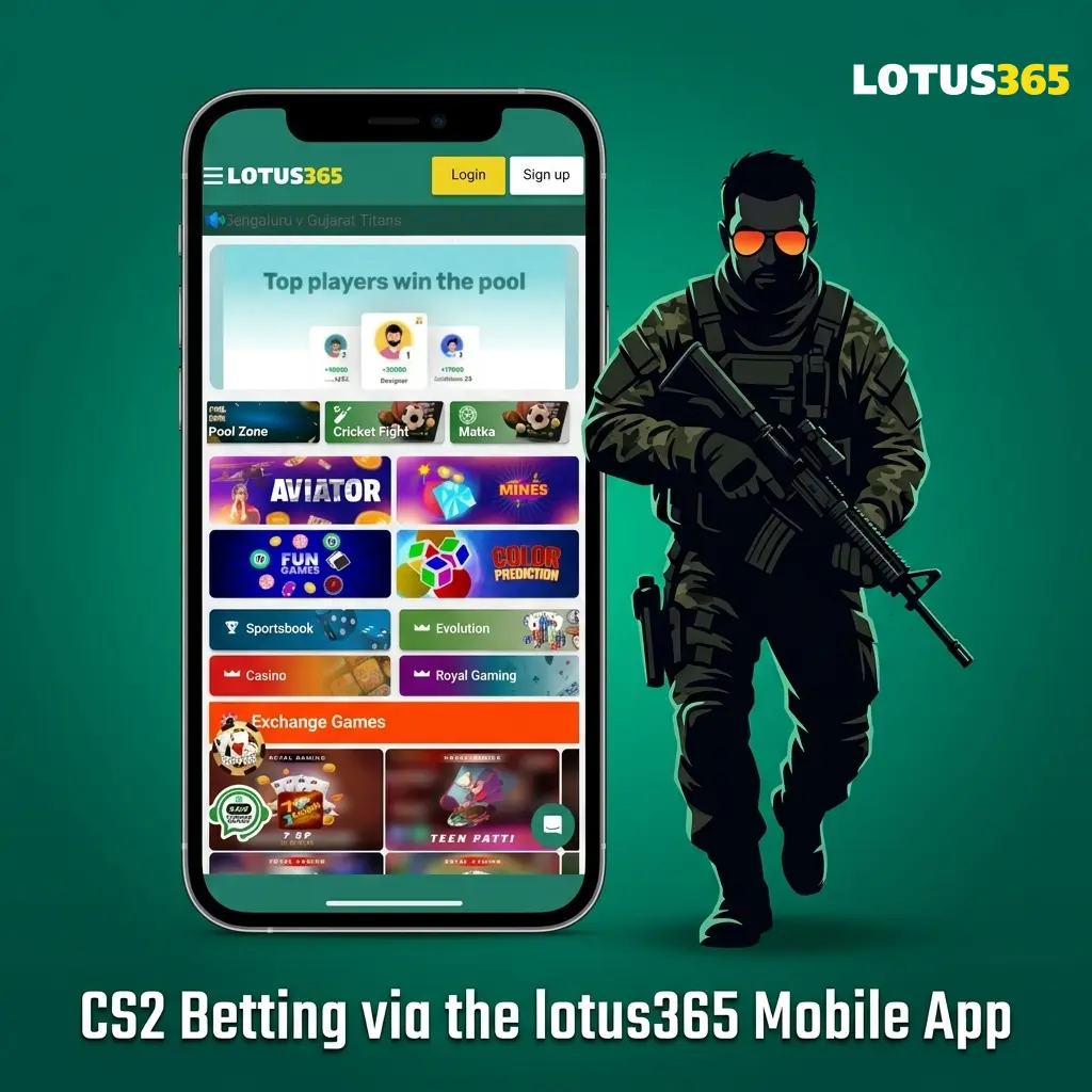 Lotus365 mobile app on Android showing CS2 esports betting interface with live odds for Indian users