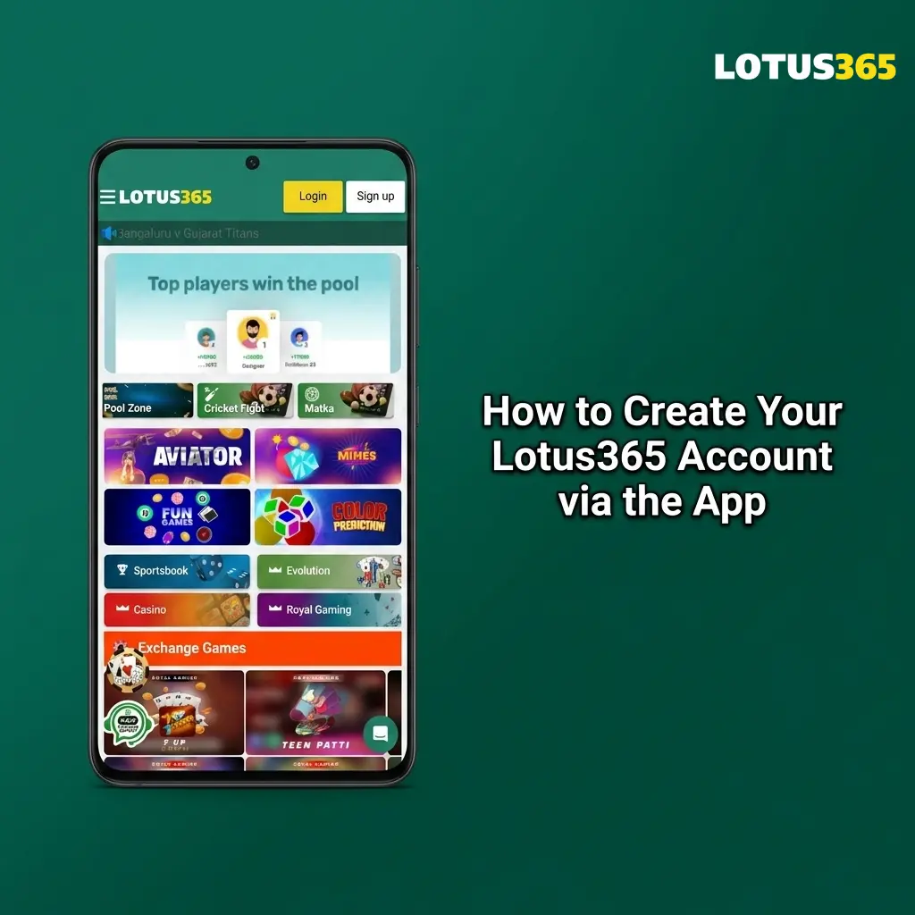 Lotus365 app registration steps showing sign-up form, OTP verification, and profile setup on Android device