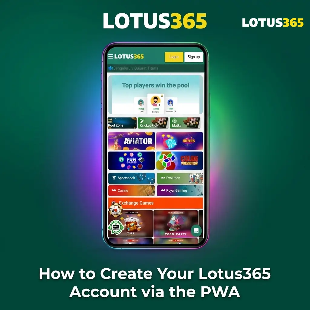 Lotus365 PWA account registration steps on mobile browser showing sign-up form with OTP verification