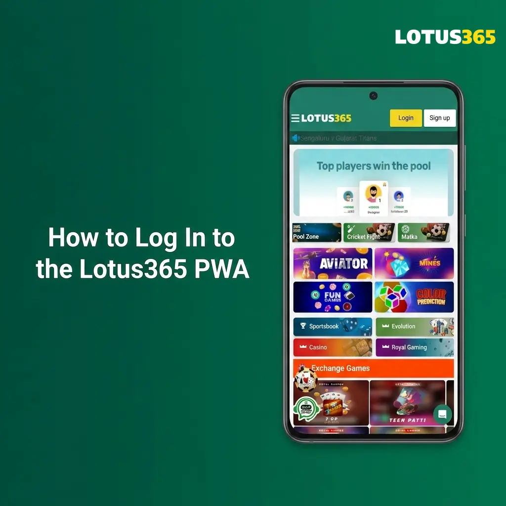 Lotus365 PWA login screen showing mobile number and password fields for quick account access on any device