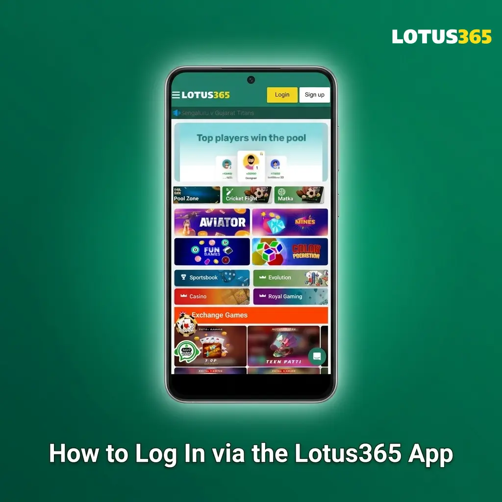 Lotus365 app login screen showing mobile number and password fields for existing players to access betting and casino accounts