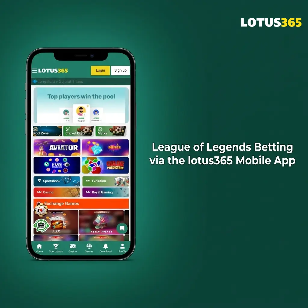 Lotus365 mobile app interface showing League of Legends esports betting with live odds and UPI deposit options