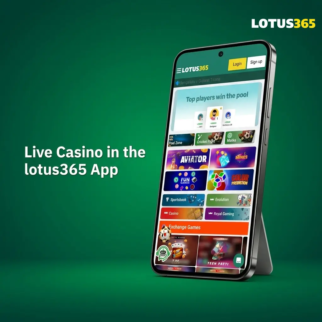 Lotus365 Android app live casino interface showing live dealer tables with HD streaming and UPI payment options