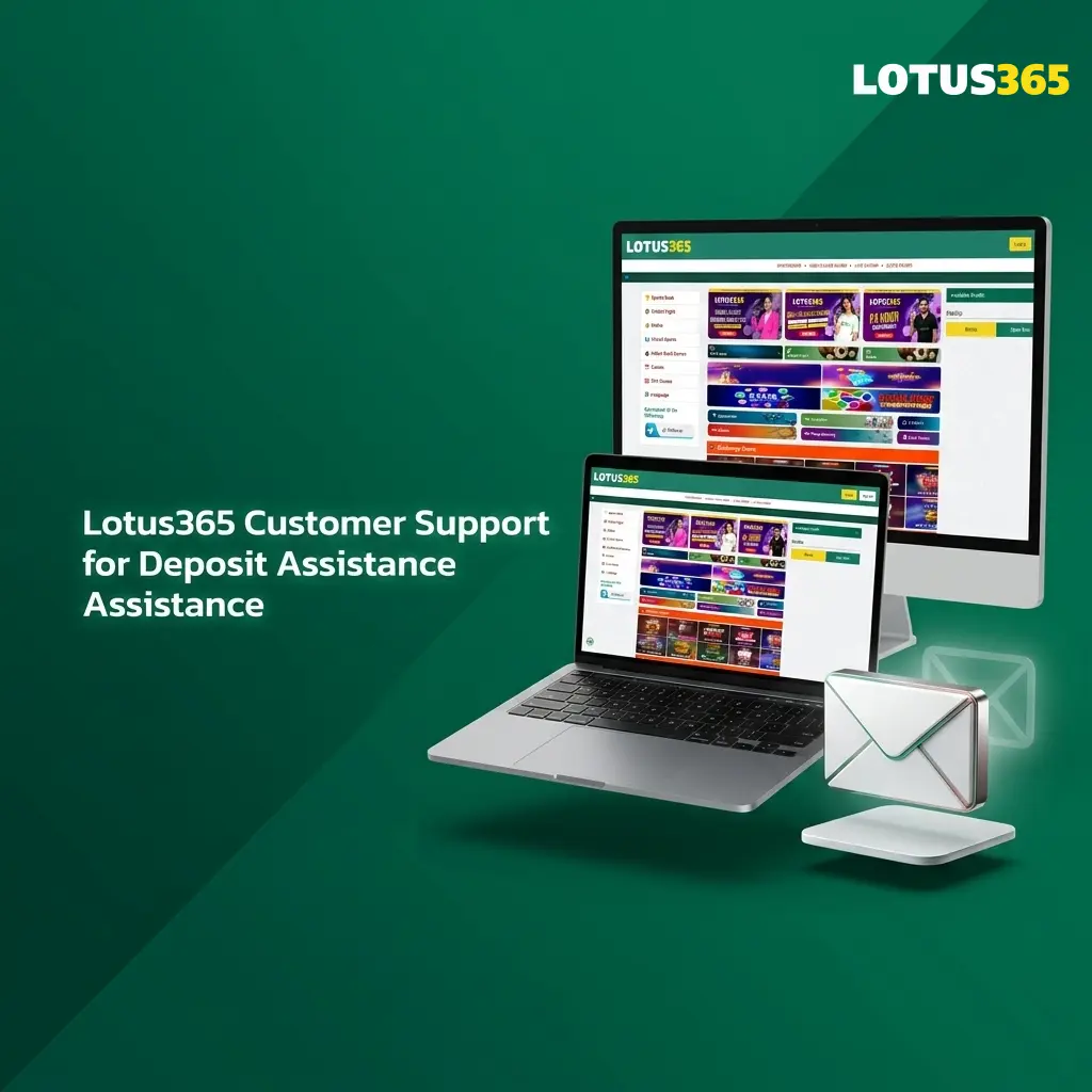 Lotus365 customer support options including live chat, email, WhatsApp, Telegram, and Help Centre for deposit assistance