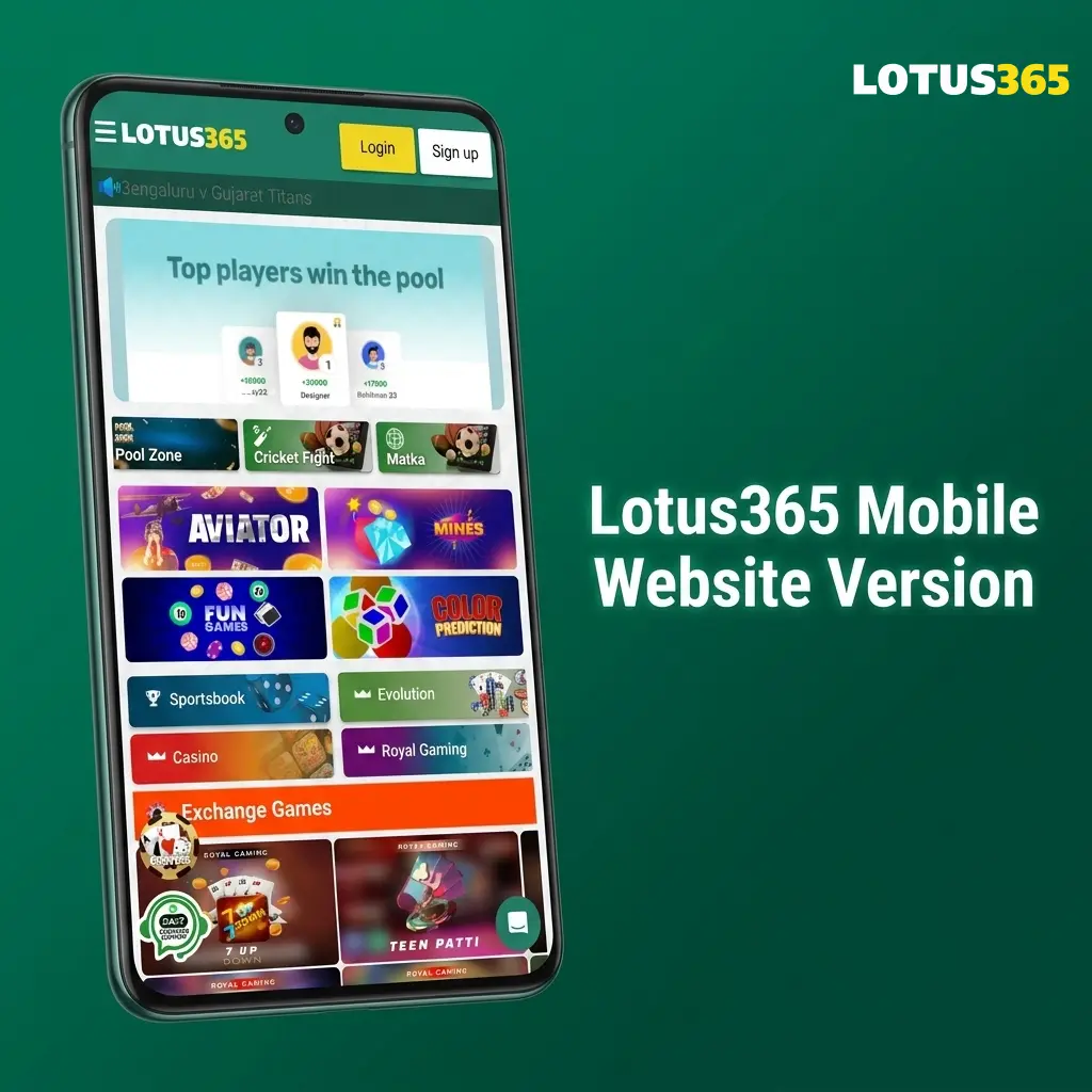 Lotus365 mobile website on smartphone browser showing sports betting and casino games without download required