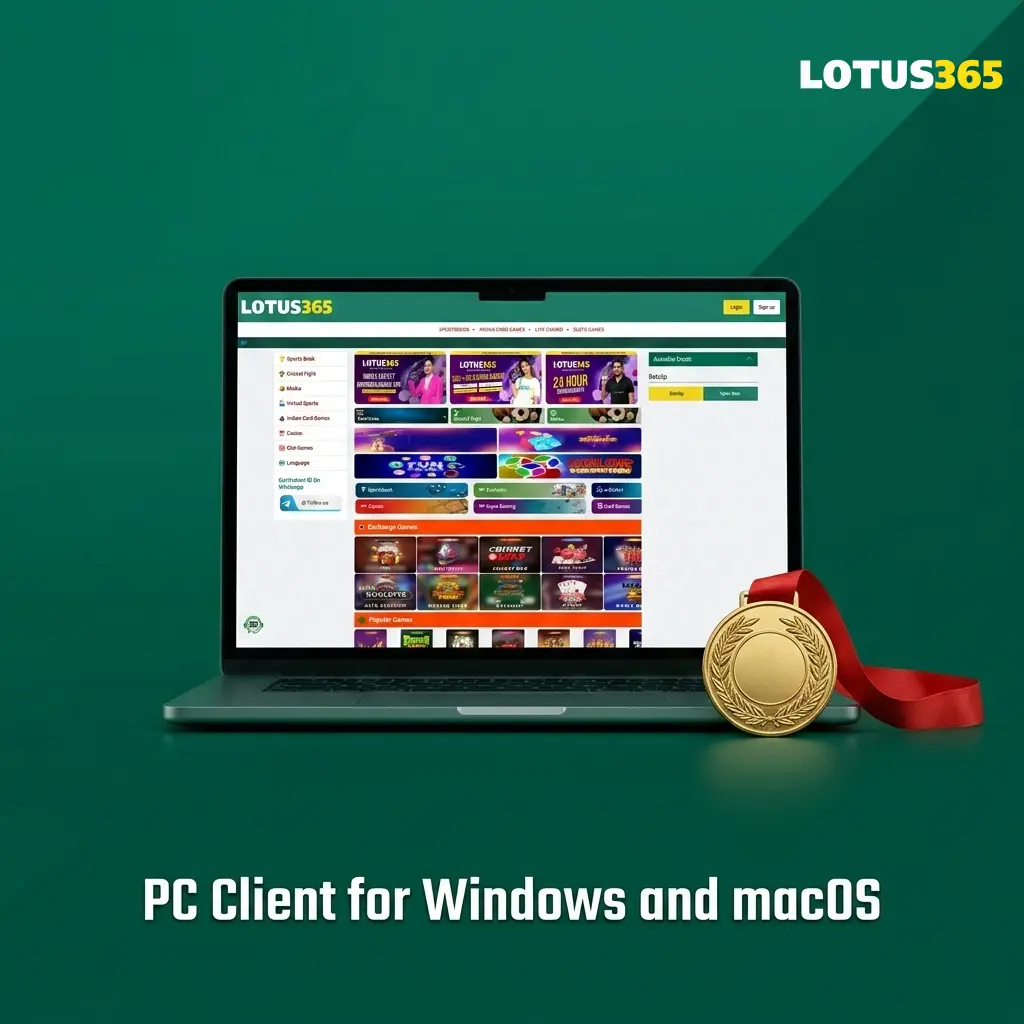 Lotus365 PC client accessed via browser on Windows and macOS for betting, live casino, and account management