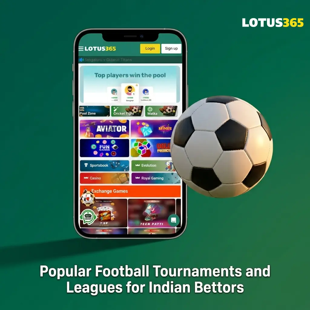 Popular football tournaments and leagues for Indian bettors including FIFA World Cup, UEFA Champions League, EPL, ISL on lotus365
