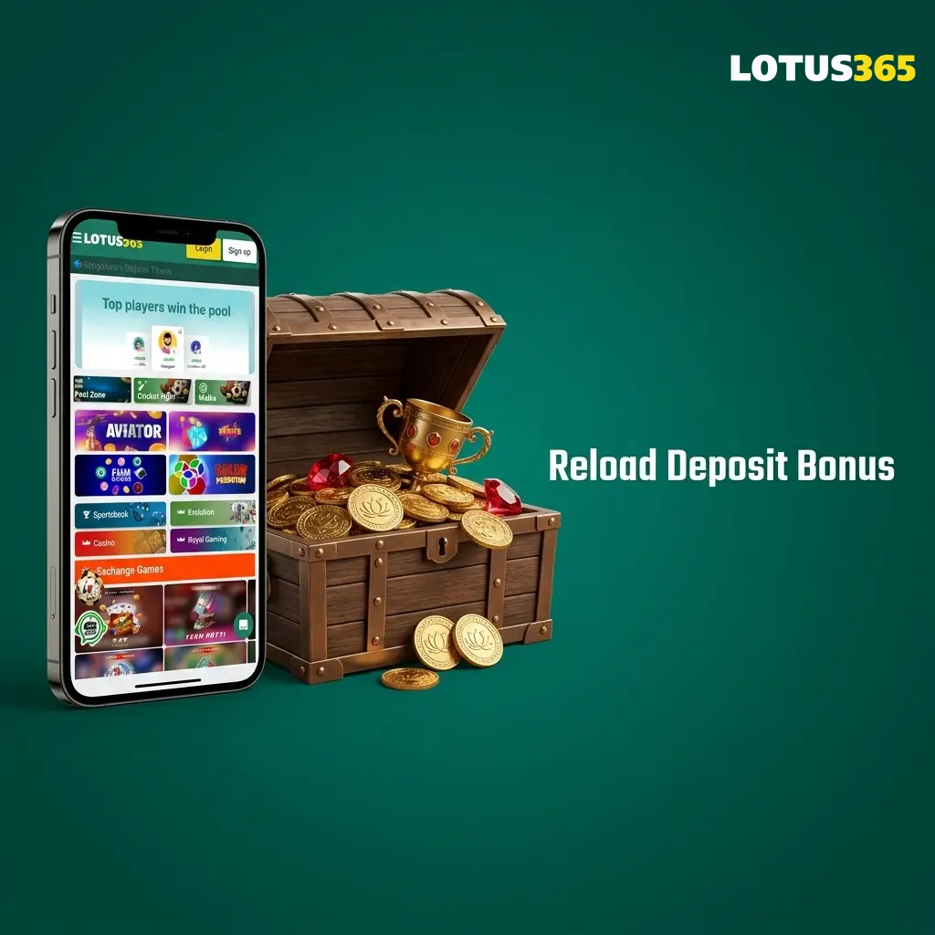 Lotus365 reload deposit bonus details showing amounts, terms, validity period, and eligible games for existing players