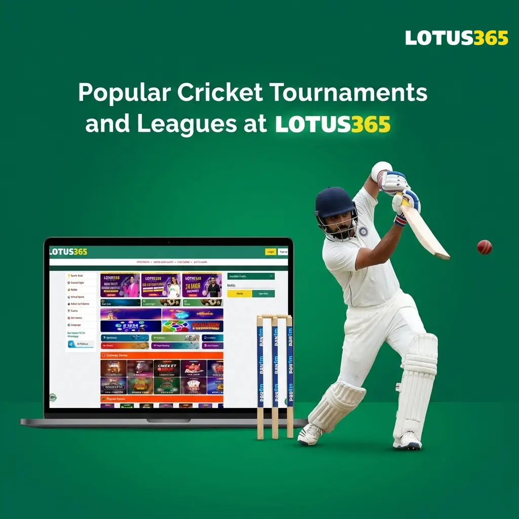 Popular cricket tournaments on Lotus365 including IPL, T20 World Cup, Ashes, and domestic Indian leagues with live betting markets