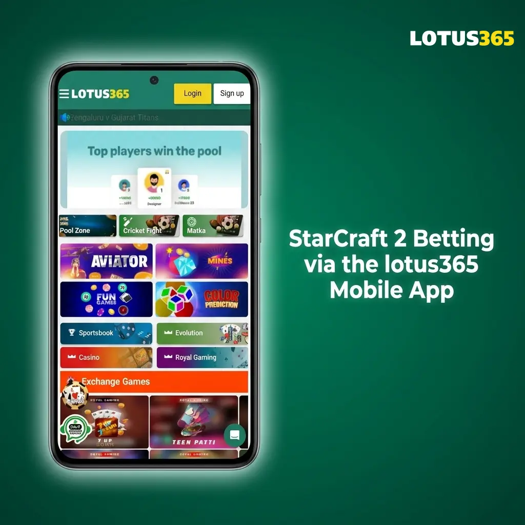 Lotus365 mobile app interface showing StarCraft 2 esports betting markets with live odds on Android and iOS devices