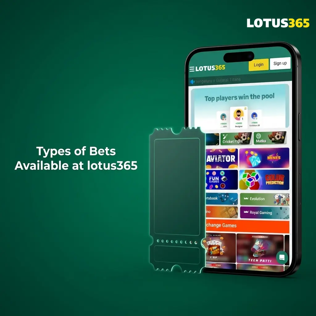 Lotus365 app bet types including single, accumulator, in-play, cash out, and system bets across sportsbook markets