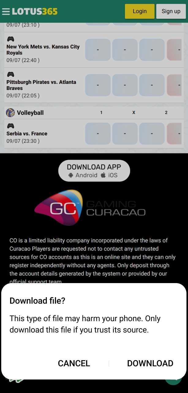 Confirm the download of the official Lotus365 APK package on Android.