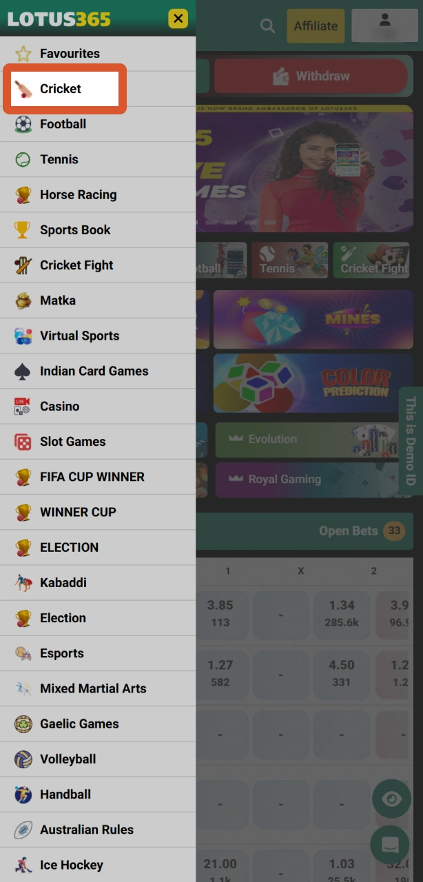 Navigate to the sports section of the official Lotus365 app interface.