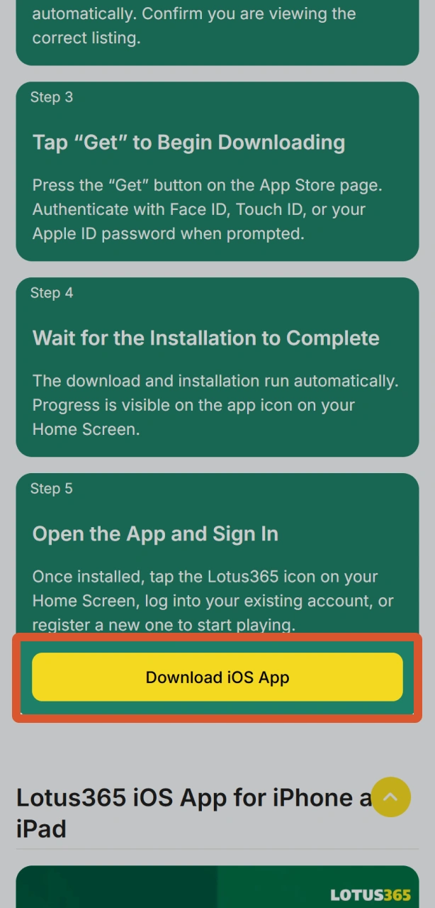 Use your mobile Safari browser to tap the iOS download link for the Lotus365 app.