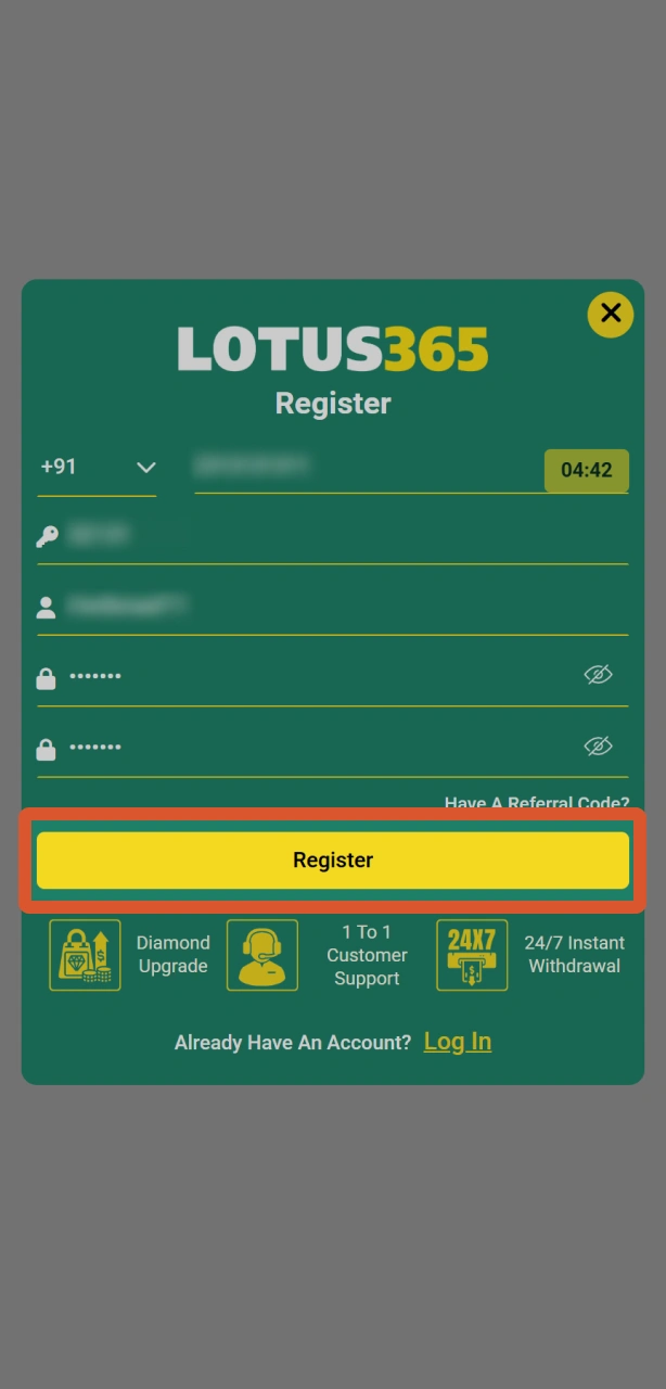 Complete your profile registration to activate the Lotus365 mobile app.