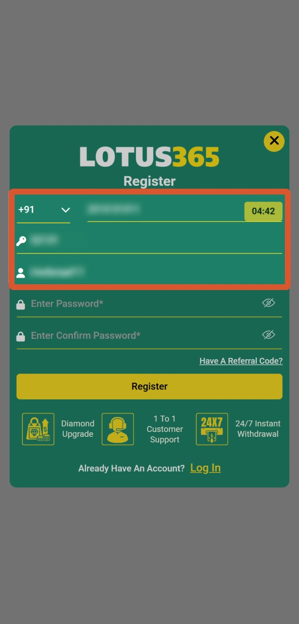 Choose a preferred mobile registration method inside the Lotus365 app.