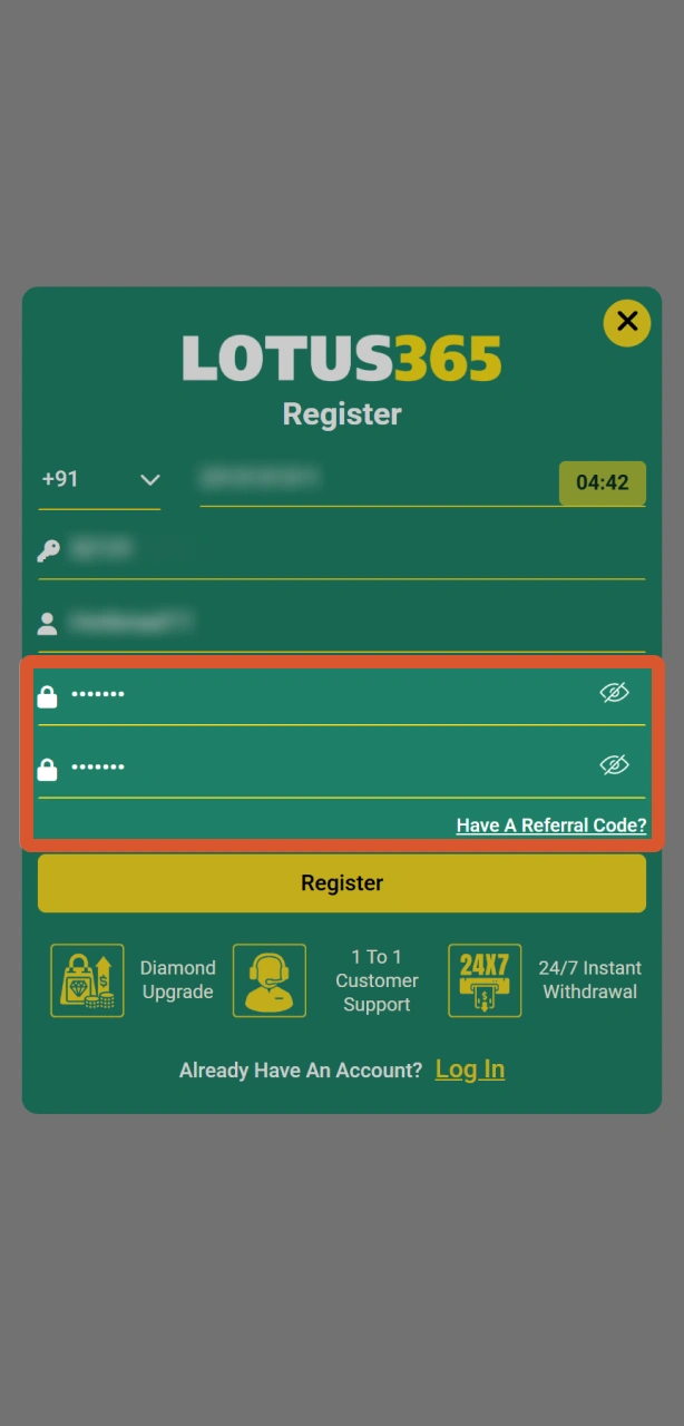 Enter your personal mobile registration details into the Lotus365 app form.