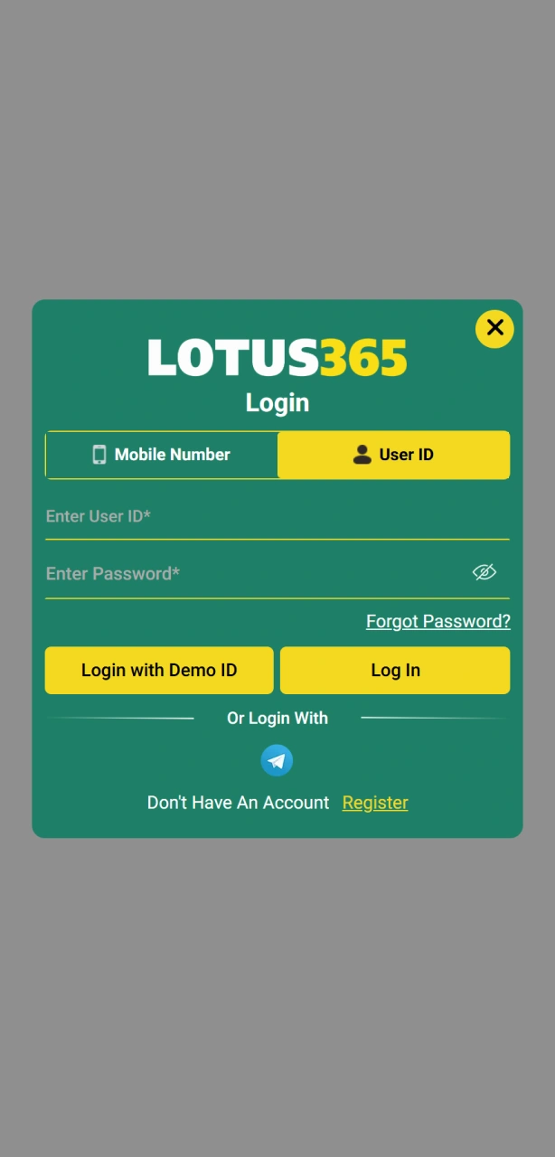 Fill in your account details to complete the Lotus365 app login.