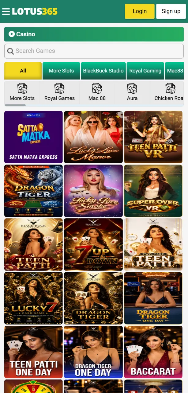 Check the Lotus365 casino interface to discover available slots and table games.