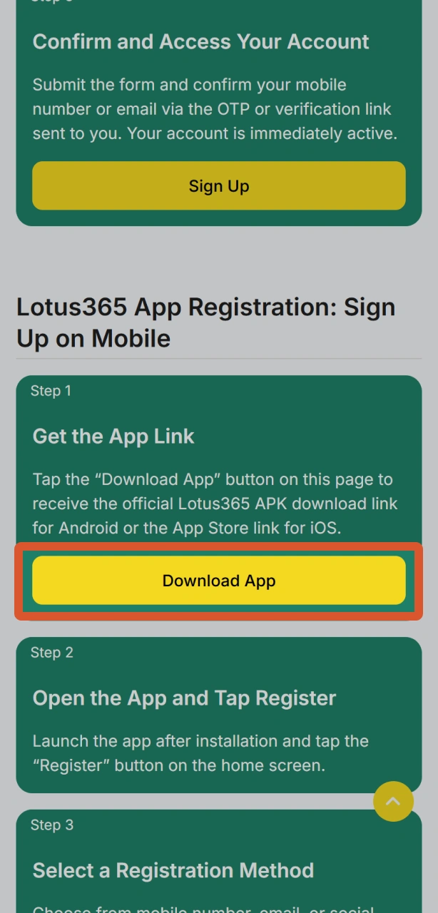 Download the Lotus365 app to find the registration link on mobile.