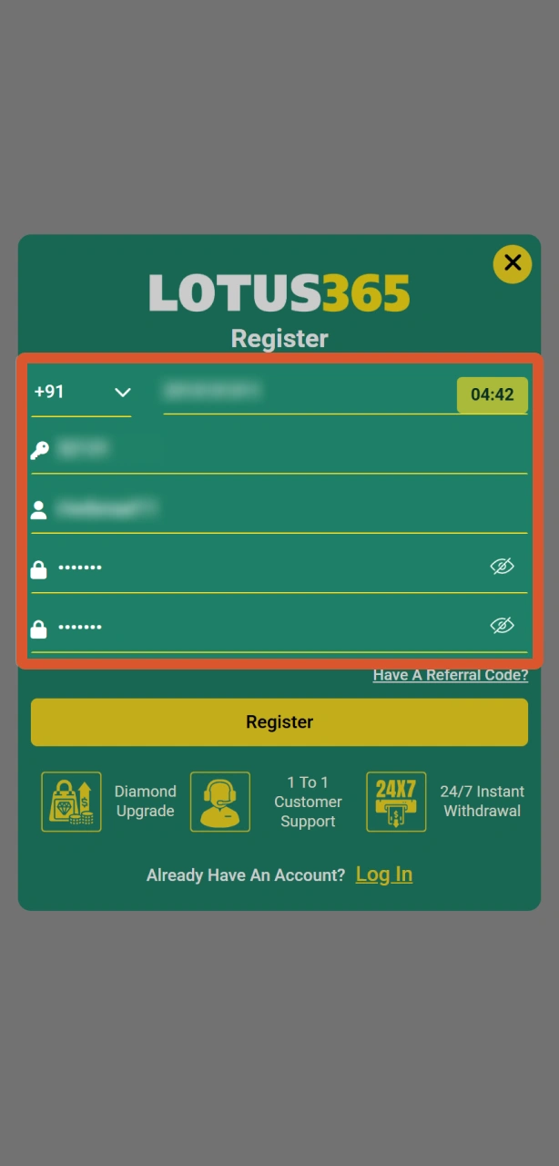 Enter your personal mobile registration details into the Lotus365 app form.