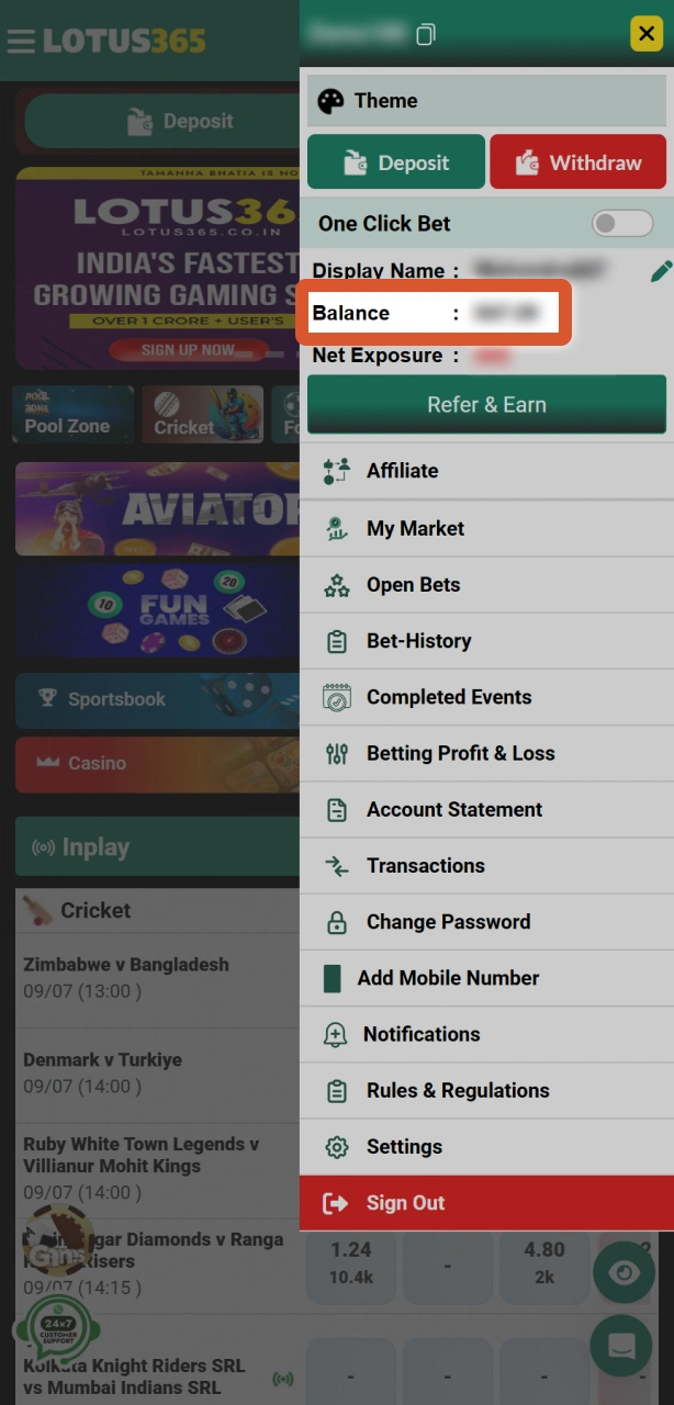 Open your personal Lotus365 bonus wallet to view the added funds.