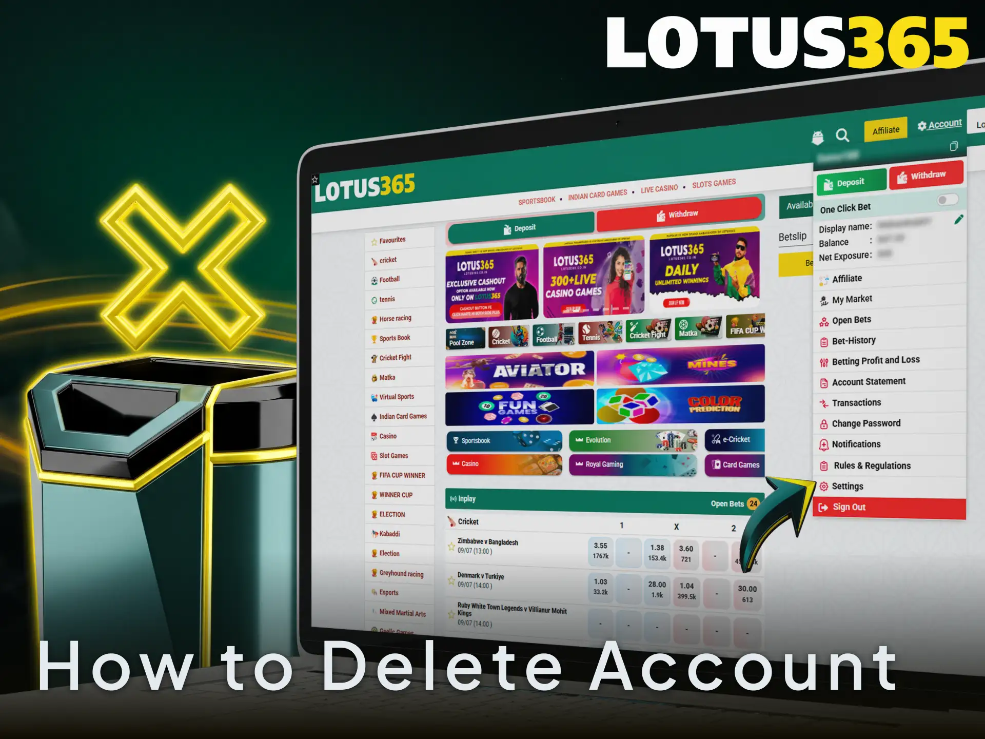 Delete your Lotus365 account by contacting customer support to close the profile.