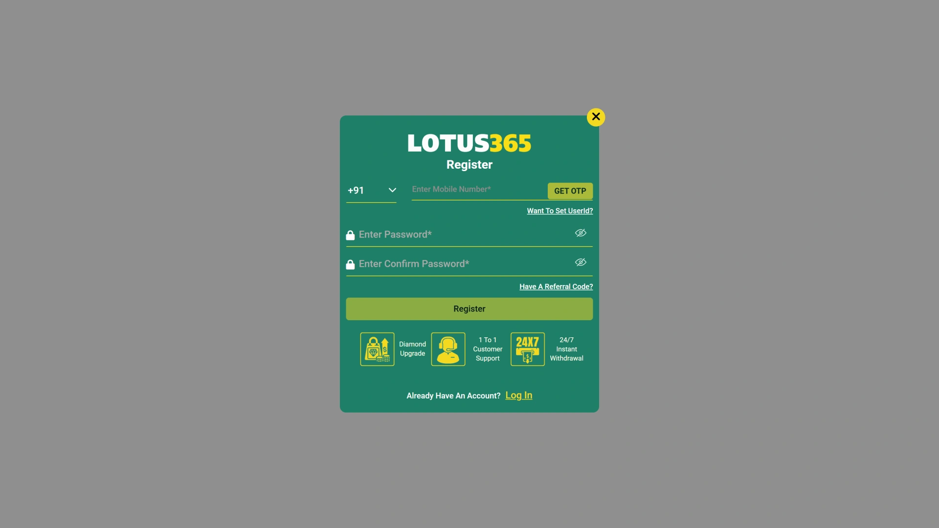 Choose your preferred registration method on Lotus365 to create a profile.