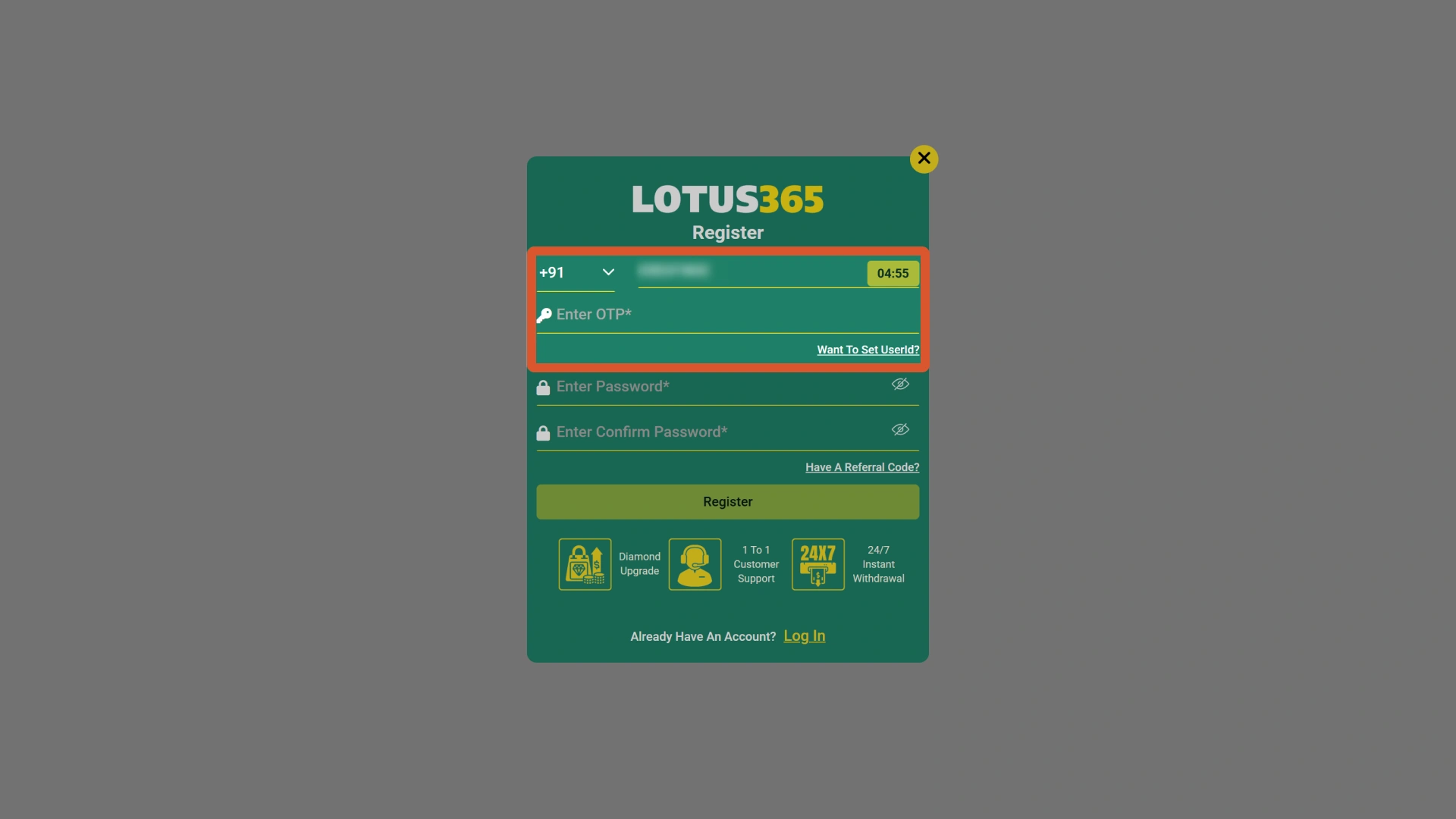 Enter your personal details into the secure Lotus365 registration form.