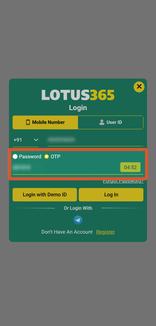 Enter the security code for OTP verification during your Lotus365 login.